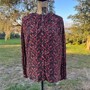 NWOT Something Navy Floral Long Sleeve Blouse Black Red Size Small